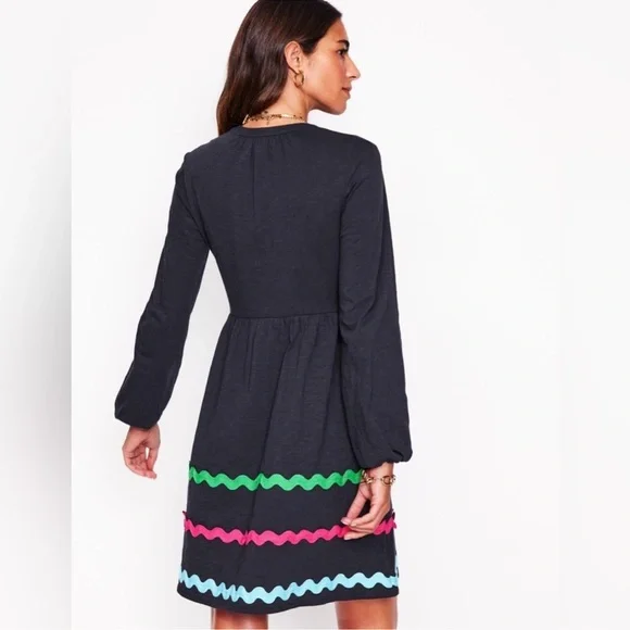 Boden Navy Corinna Colorful Ric Rac Trim Tassel Tie Cotton Dress 10 - Picture 8 of 9